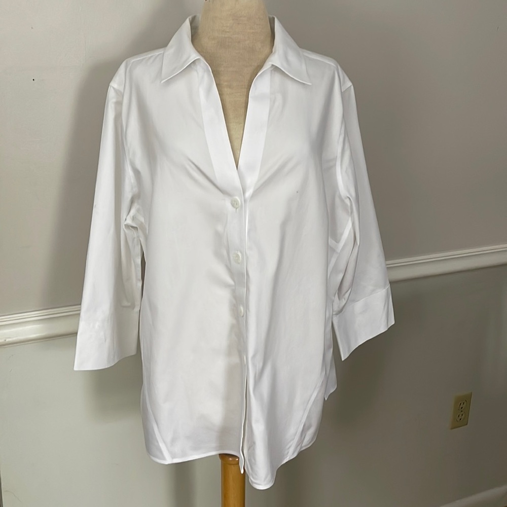 Foxcroft Heritage Non Iron Button Down Blouse, White 3/4 sleeve